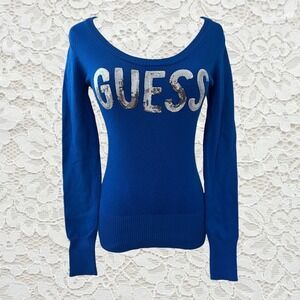 vintage guess blue sequin logo fitted long sleeve sweater‎